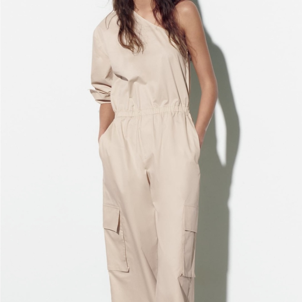Zara Beige One-Shoulder Wide-Leg Jumpsuit